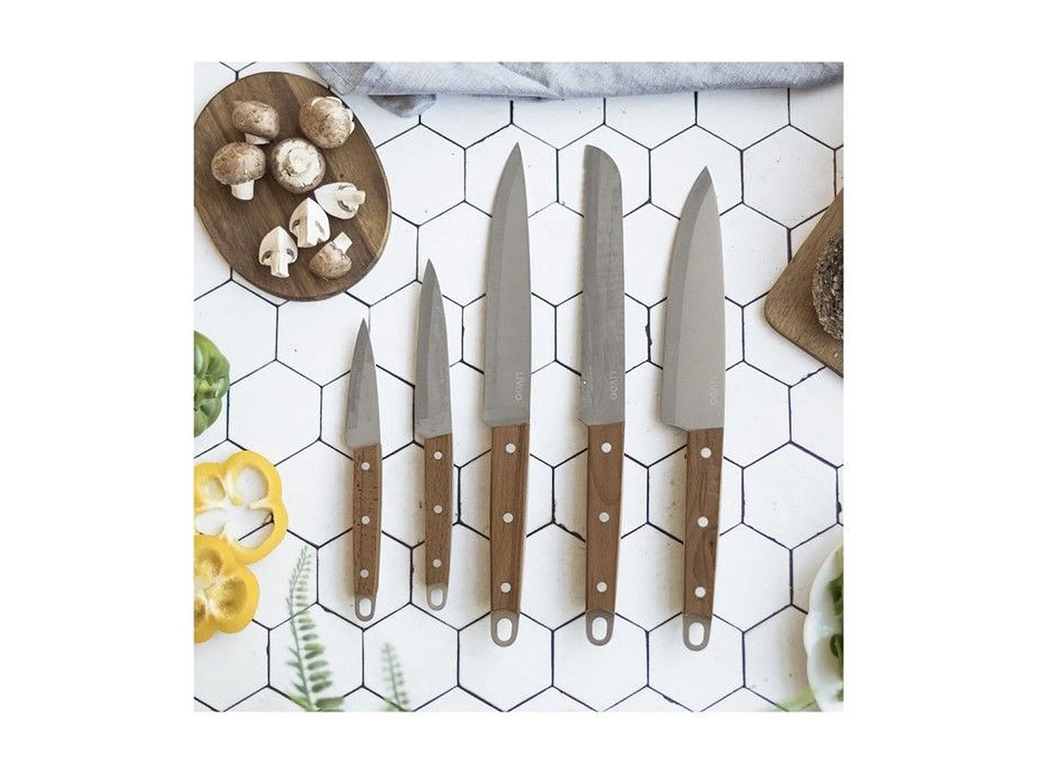 5 couteaux inox manche en hêtre - chef, à pain, de cuisine, tranchelard et office