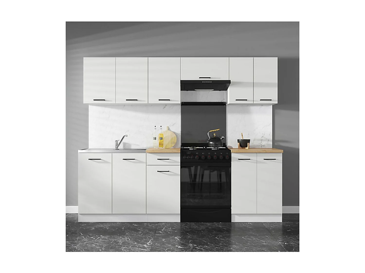 Cuisine complète 240 cm,Ensemble de meuble de cuisine coloris blanc/Craie brillant, plan de travail coloris Chêne doré inclus