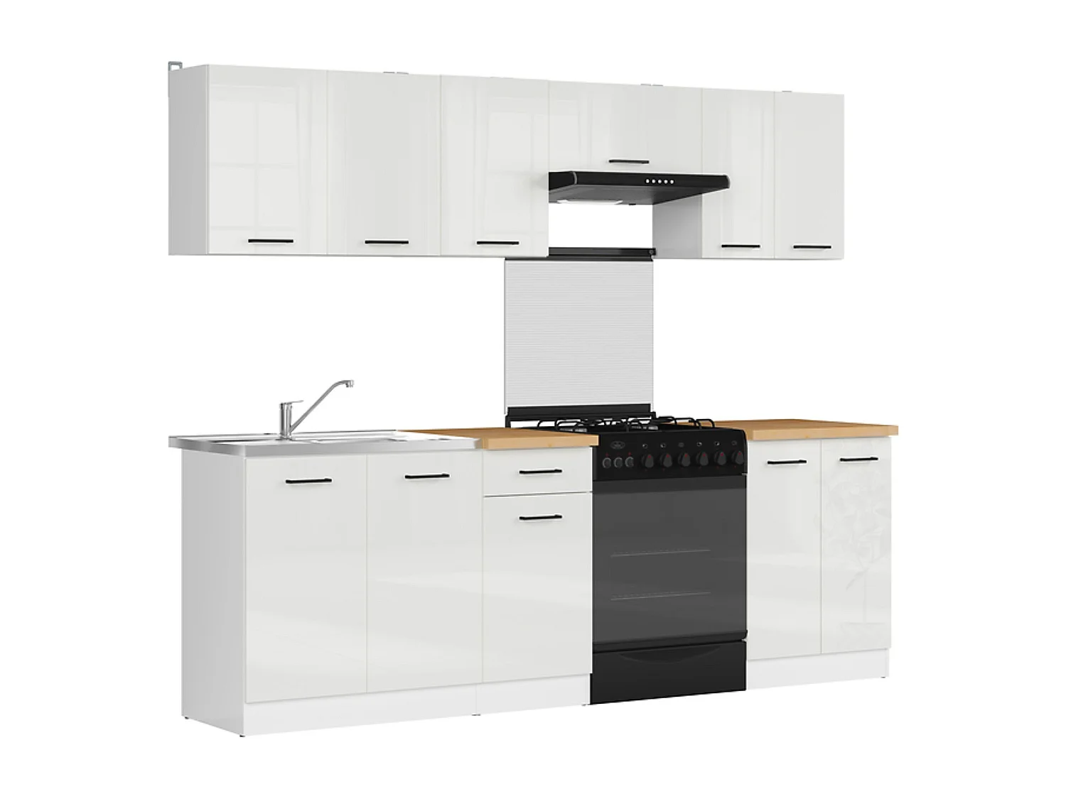 Cuisine complète 240 cm,Ensemble de meuble de cuisine coloris blanc/Craie brillant, plan de travail coloris Chêne doré inclus