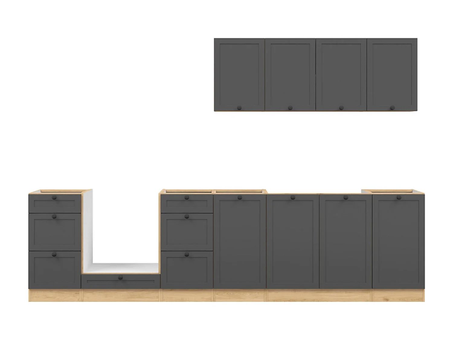Cuisine complète 300 cm,Ensemble de meuble de cuisine coloris Gris graphite/Chêne bernstien, plan de travail non inclus