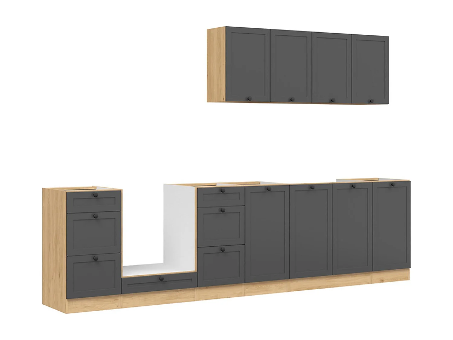 Cuisine complète 300 cm,Ensemble de meuble de cuisine coloris Gris graphite/Chêne bernstien, plan de travail non inclus
