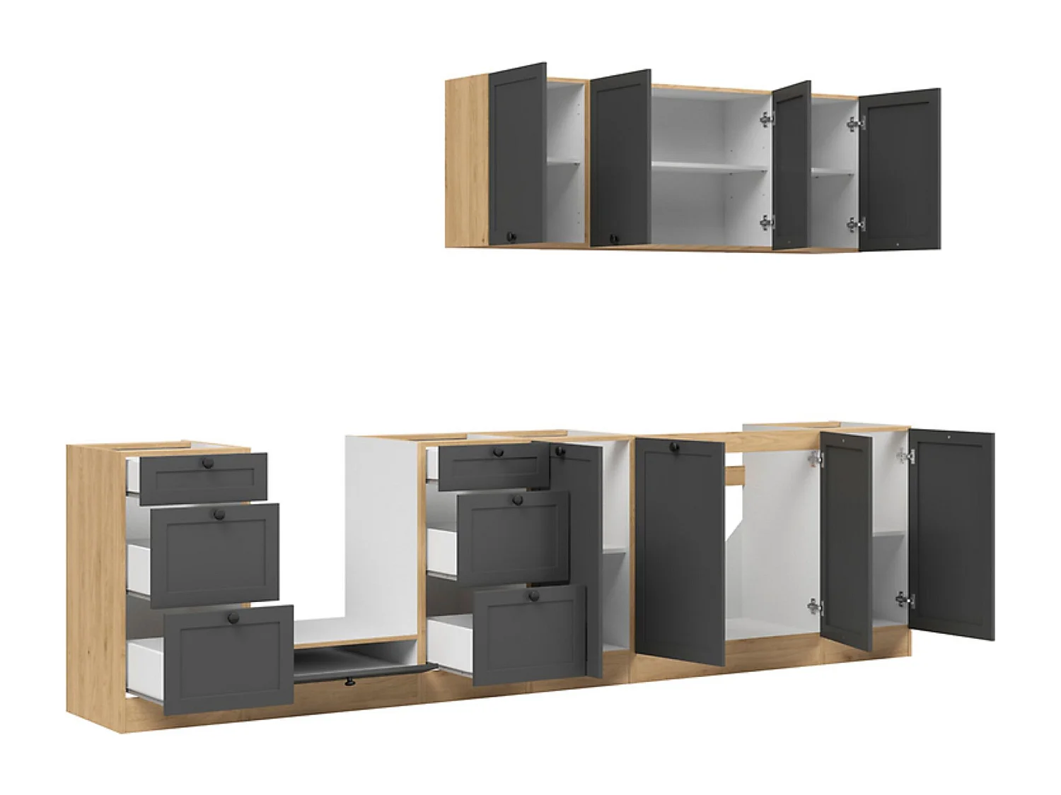 Cuisine complète 300 cm,Ensemble de meuble de cuisine coloris Gris graphite/Chêne bernstien, plan de travail non inclus