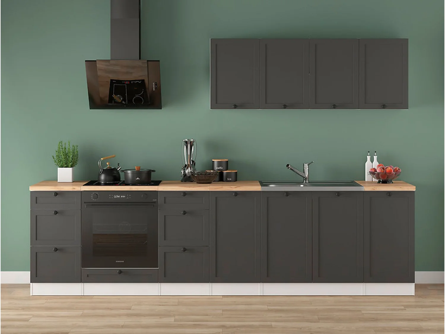 Cuisine complète 300 cm,Ensemble de meuble de cuisine coloris Blanc/Gris graphite, plan de travail non inclus