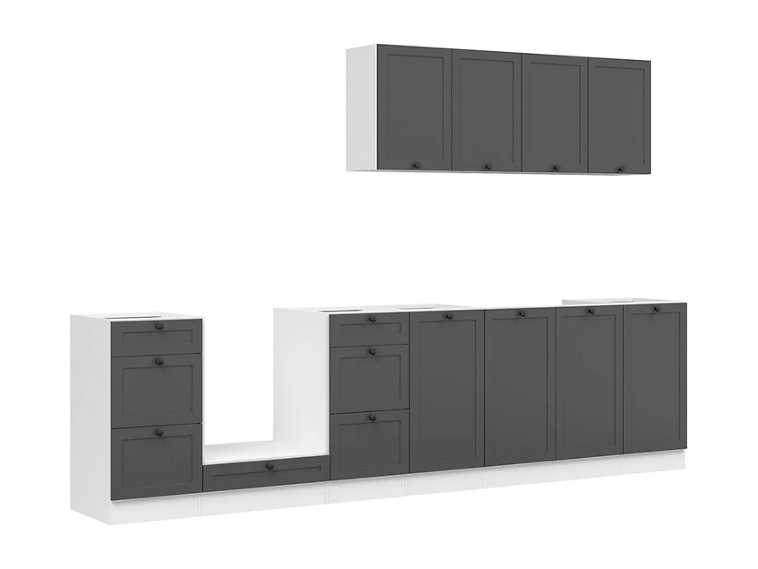 Cuisine complète 300 cm,Ensemble de meuble de cuisine coloris Blanc/Gris graphite, plan de travail non inclus