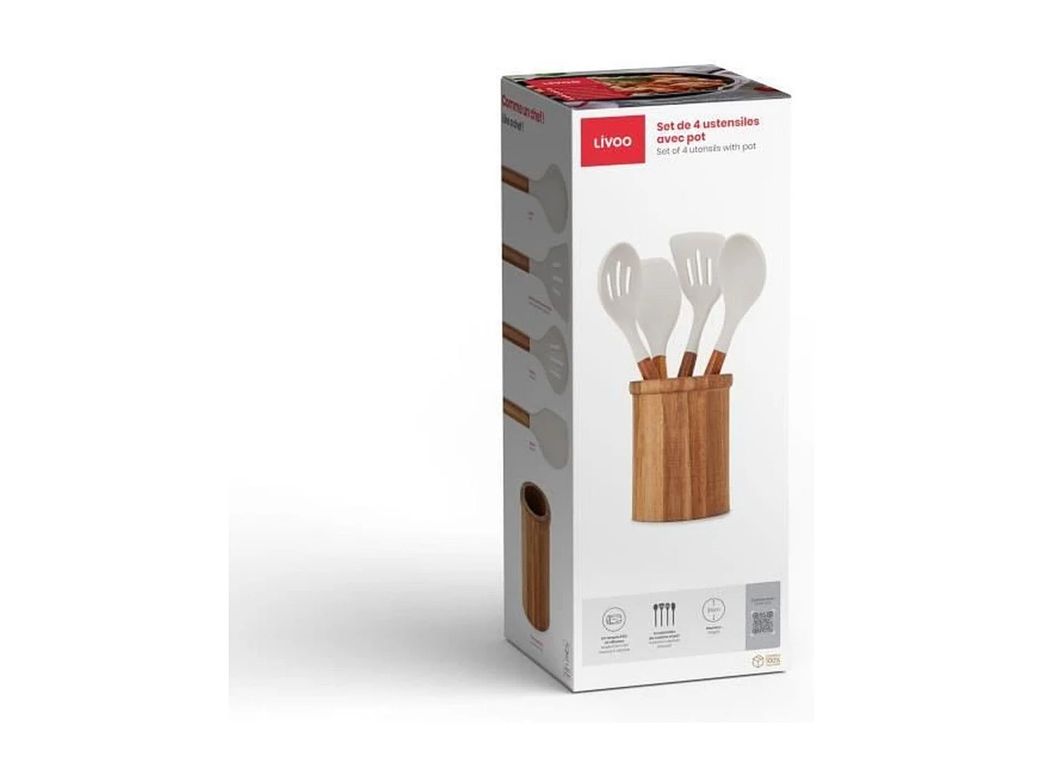 Set van 4 siliconen keukengerei multicolor 31 cm met FSC acaciahouten houder Livoo MES153G