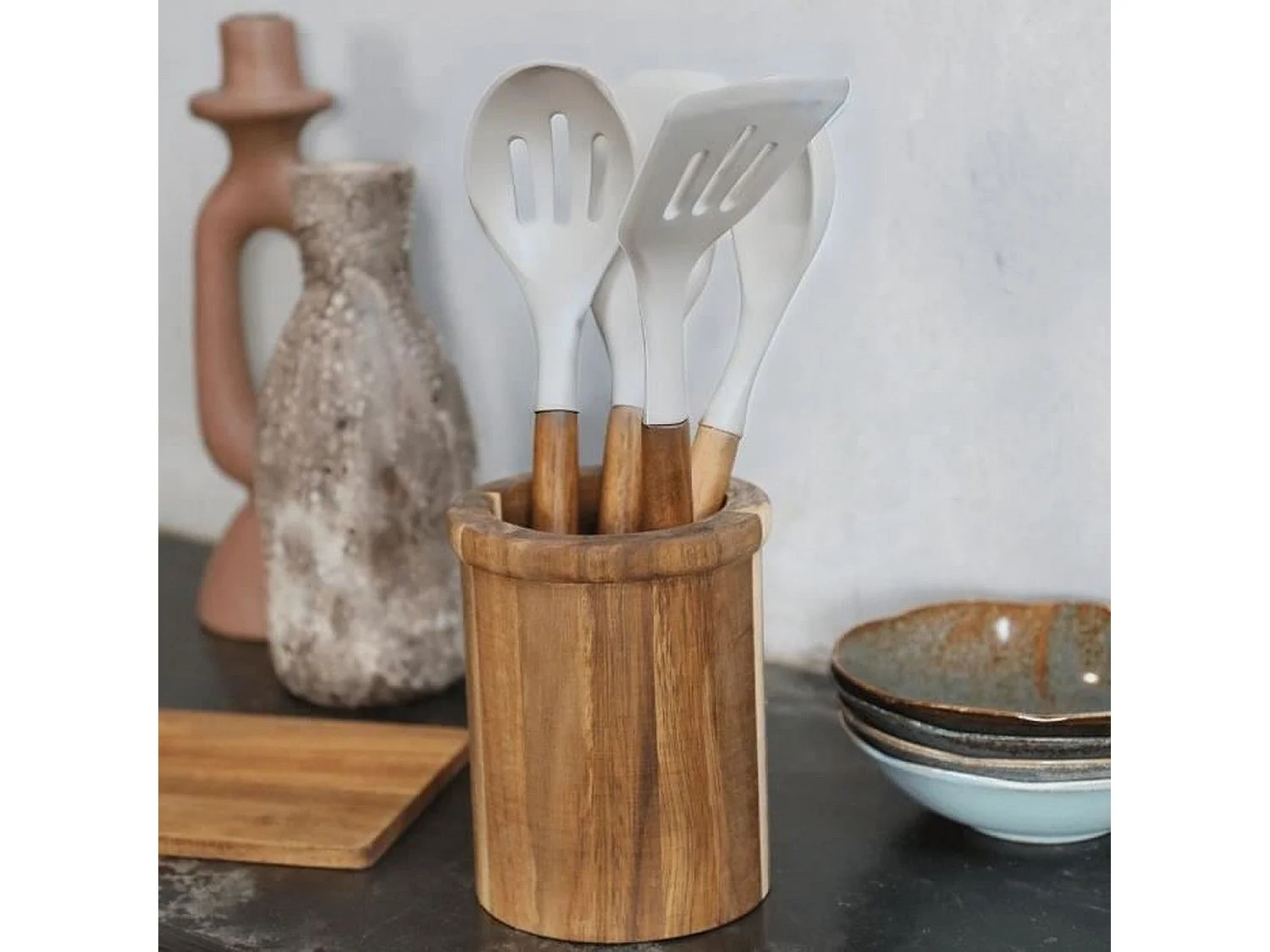 Set van 4 siliconen keukengerei multicolor 31 cm met FSC acaciahouten houder Livoo MES153G