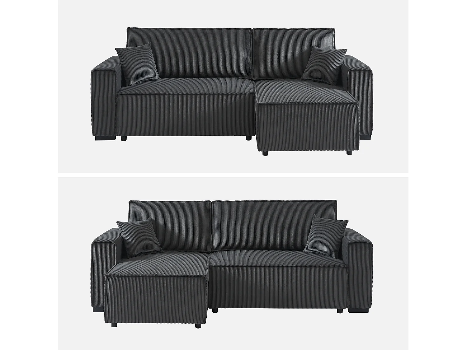 Canapé d'angle convertible réversible 3 places velours côtelé grosse côte gris foncé