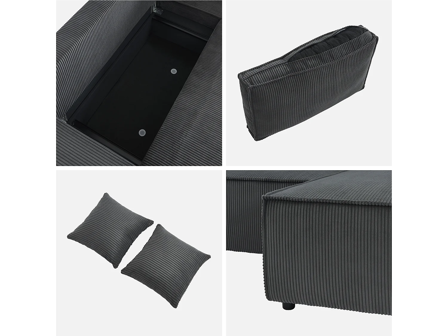 Canapé d'angle convertible réversible 3 places velours côtelé grosse côte gris foncé