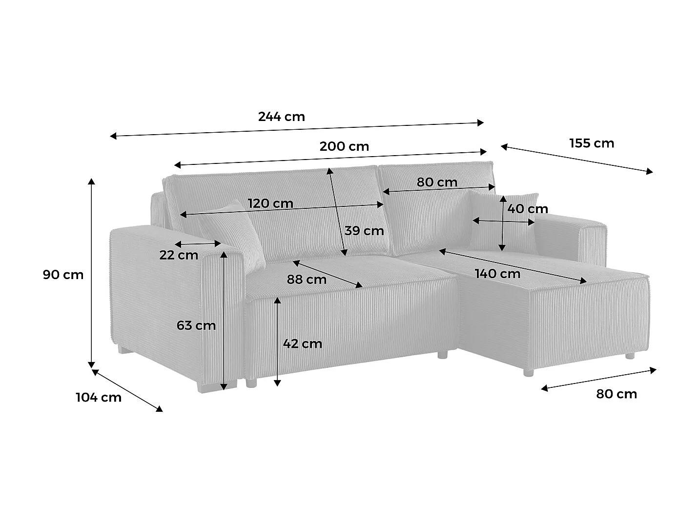 Canapé d'angle convertible réversible 3 places velours côtelé grosse côte gris foncé