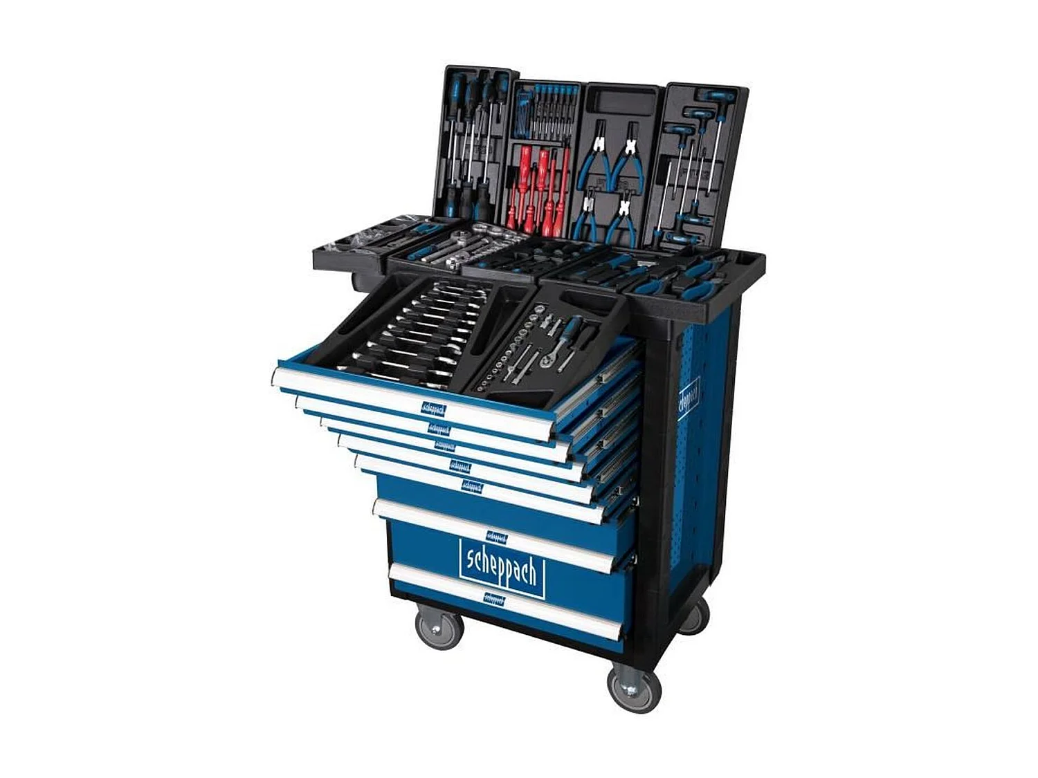 Mobiler Werkstattwagen Scheppach TW1000 Stahl 7 Schubladen + 263 Werkzeuge Chrom-Vanadium