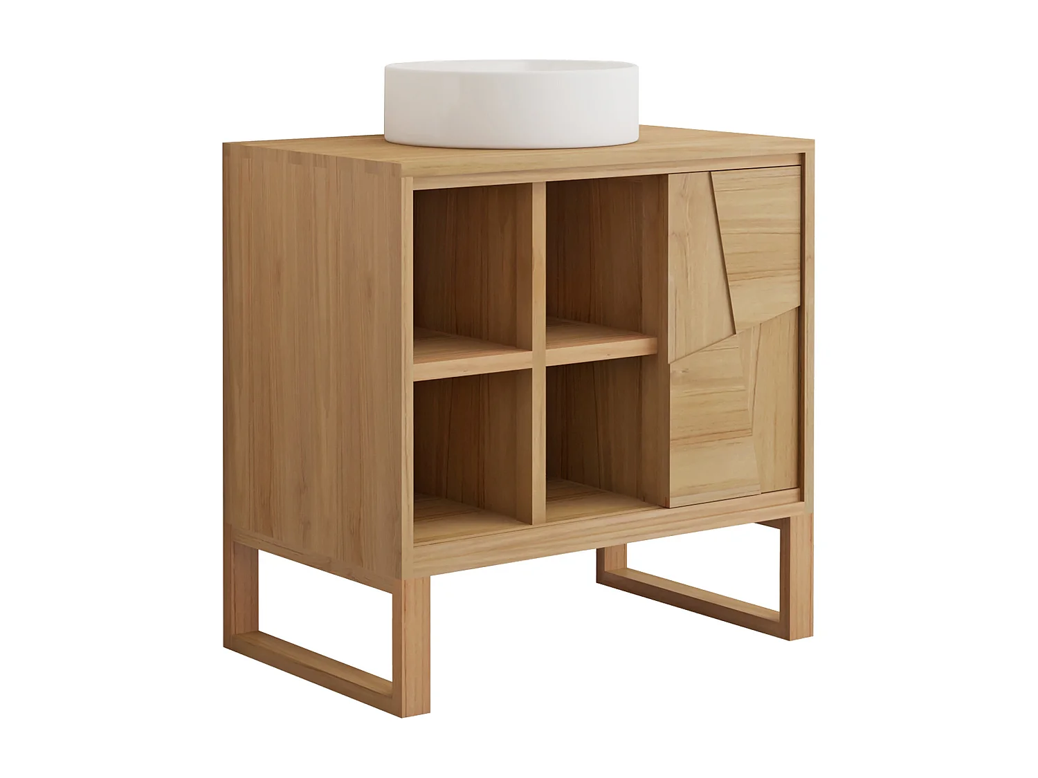 Meuble de salle de bain sur pieds en teck avec vasque à poser ronde en céramique - L80 cm - MATARAM