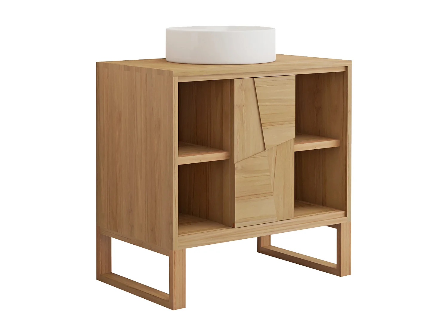 Meuble de salle de bain sur pieds en teck avec vasque à poser ronde en céramique - L80 cm - MATARAM