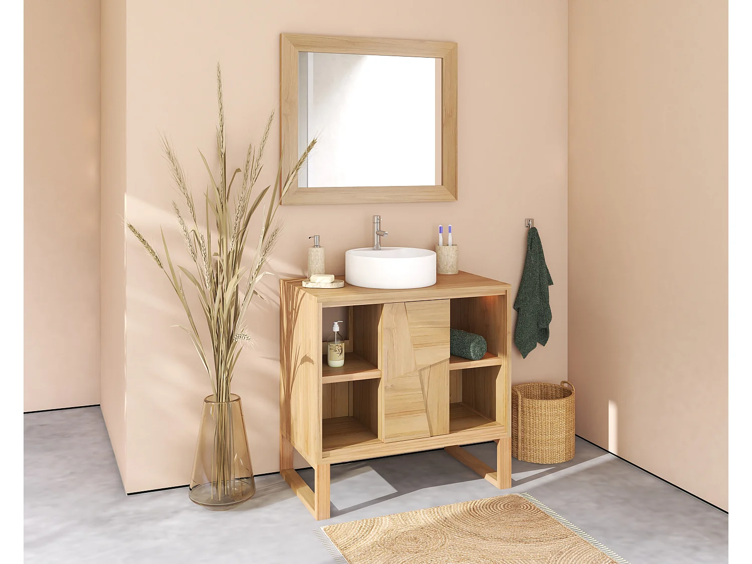 Meuble de salle de bain sur pieds en teck avec vasque à poser ronde en céramique - L80 cm - MATARAM