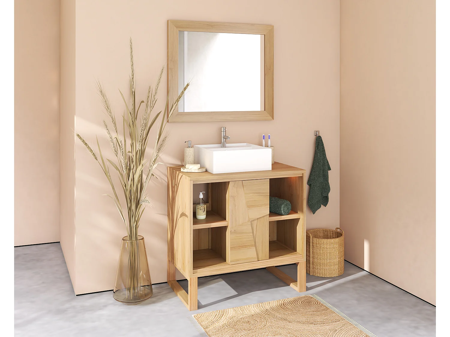 Meuble de salle de bain sur pieds en teck avec vasque à poser carrée en céramique - L80 cm - MATARAM