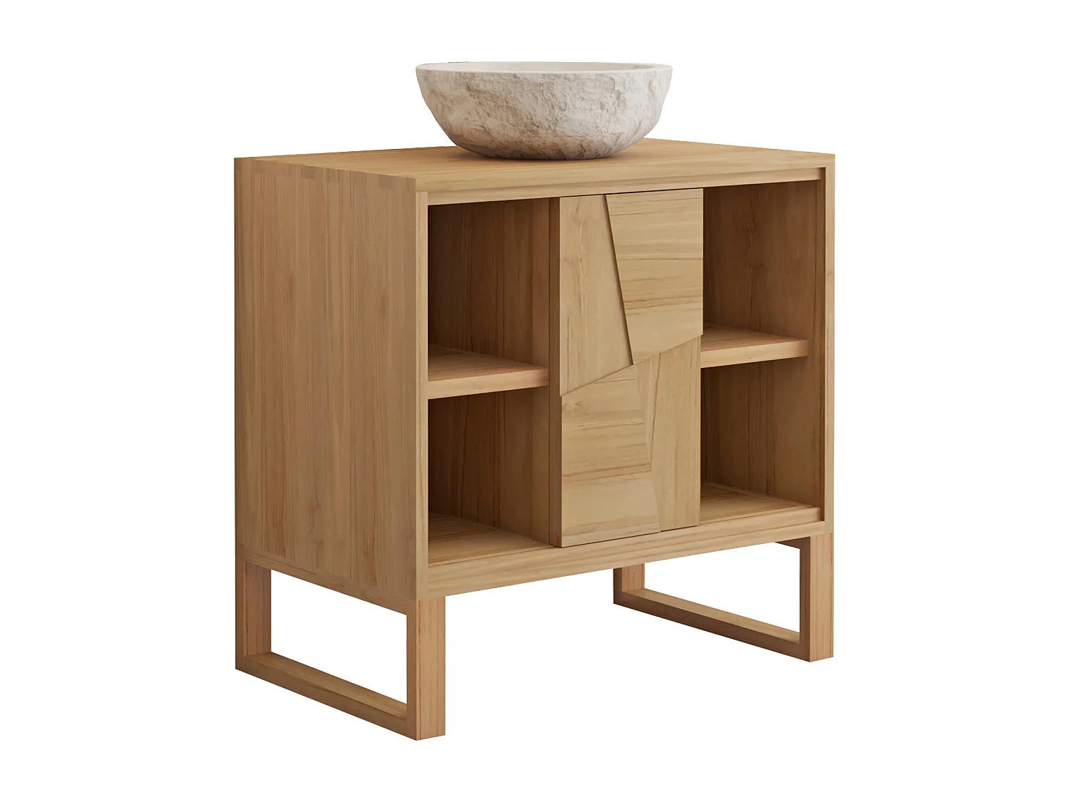 Meuble de salle de bain sur pieds en teck avec vasque à poser ronde en marbre couleur crème - L80 cm - MATARAM