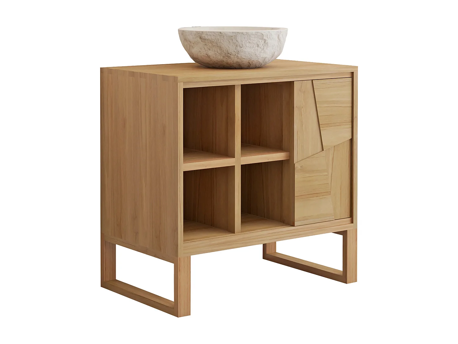 Meuble de salle de bain sur pieds en teck avec vasque à poser ronde en marbre couleur crème - L80 cm - MATARAM