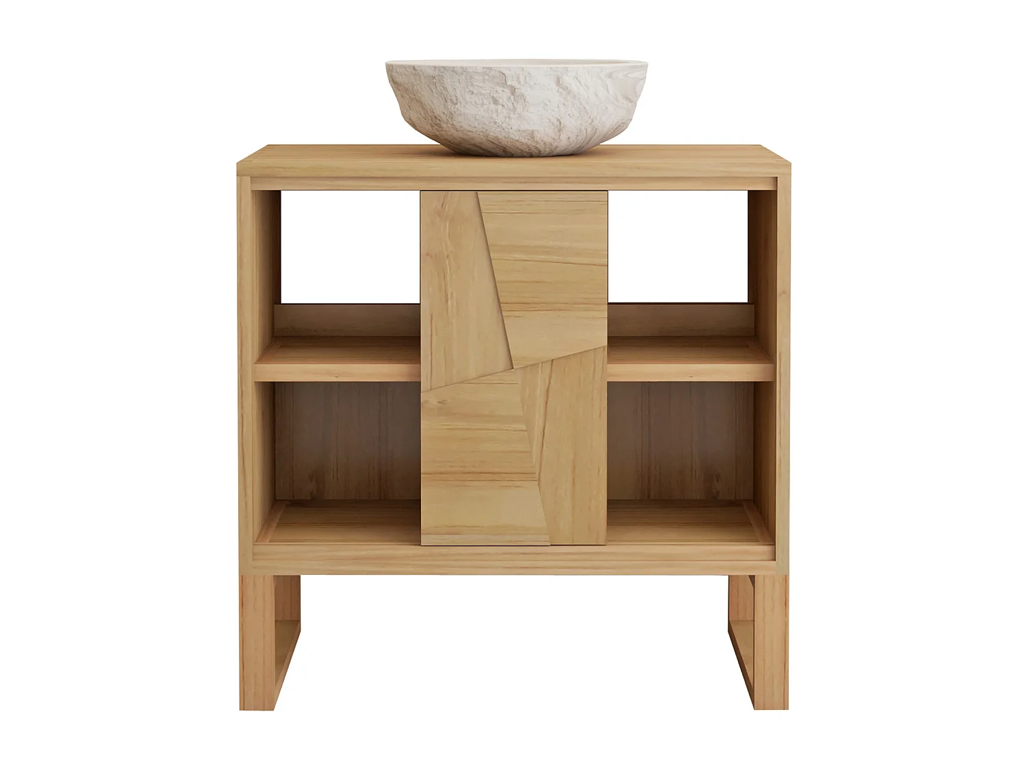 Meuble de salle de bain sur pieds en teck avec vasque à poser ronde en marbre couleur crème - L80 cm - MATARAM