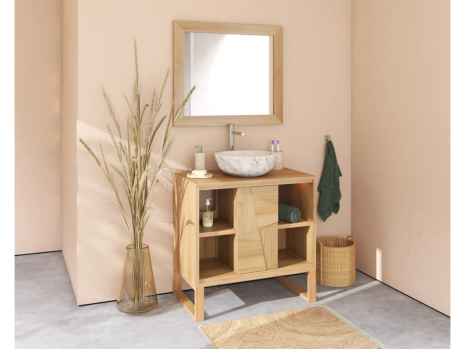Meuble de salle de bain sur pieds en teck avec vasque à poser ronde en marbre couleur crème - L80 cm - MATARAM