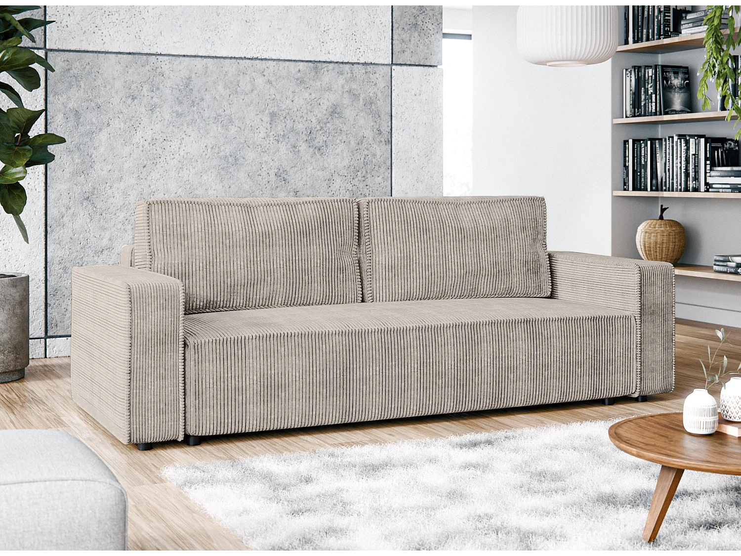 AX LIVING Canapé 3 places Aydin velours côtelé beige 238 cm convertible