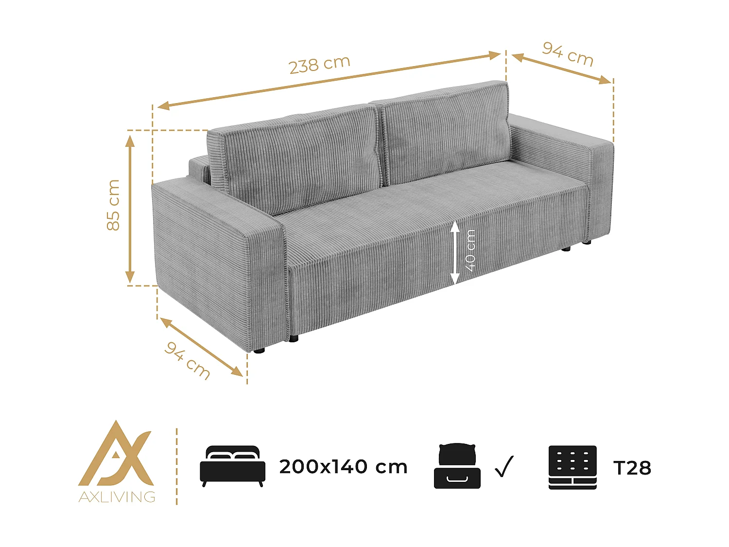 AX LIVING Canapé 3 places Aydin velours côtelé beige 238 cm convertible