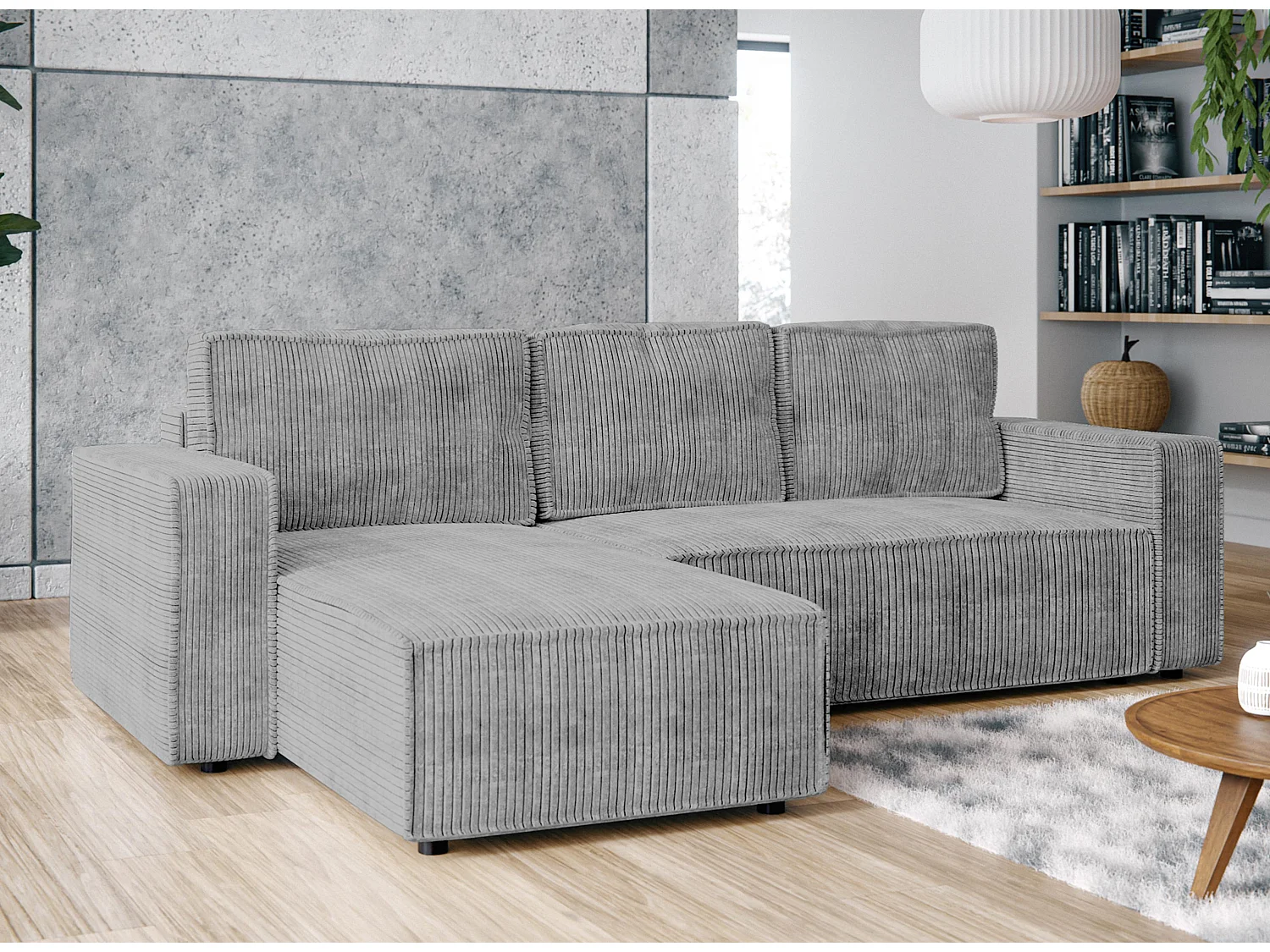 AX LIVING Canapé d’angle Aydin velours côtelé gris clair convertible avec coffre