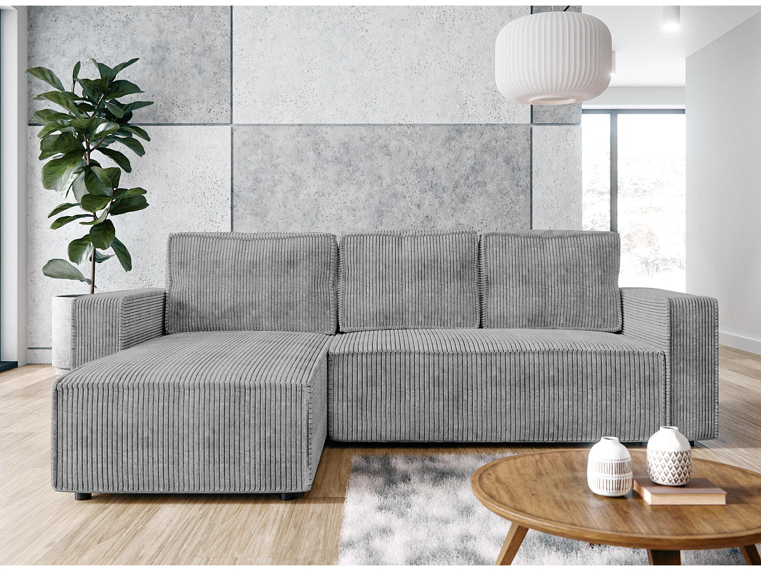 AX LIVING Canapé d’angle Aydin velours côtelé gris clair convertible avec coffre