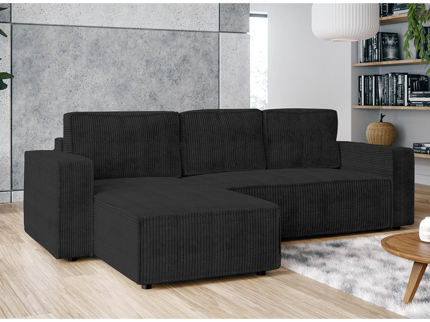 AX LIVING Canapé d’angle Aydin velours côtelé gris foncé 258 cm convertible