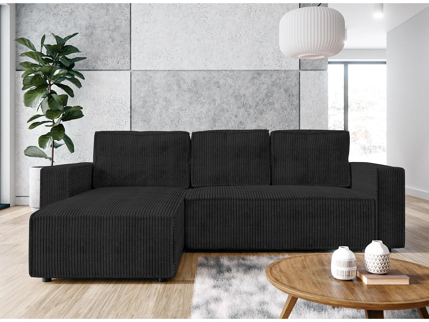 AX LIVING Canapé d’angle Aydin velours côtelé gris foncé 258 cm convertible