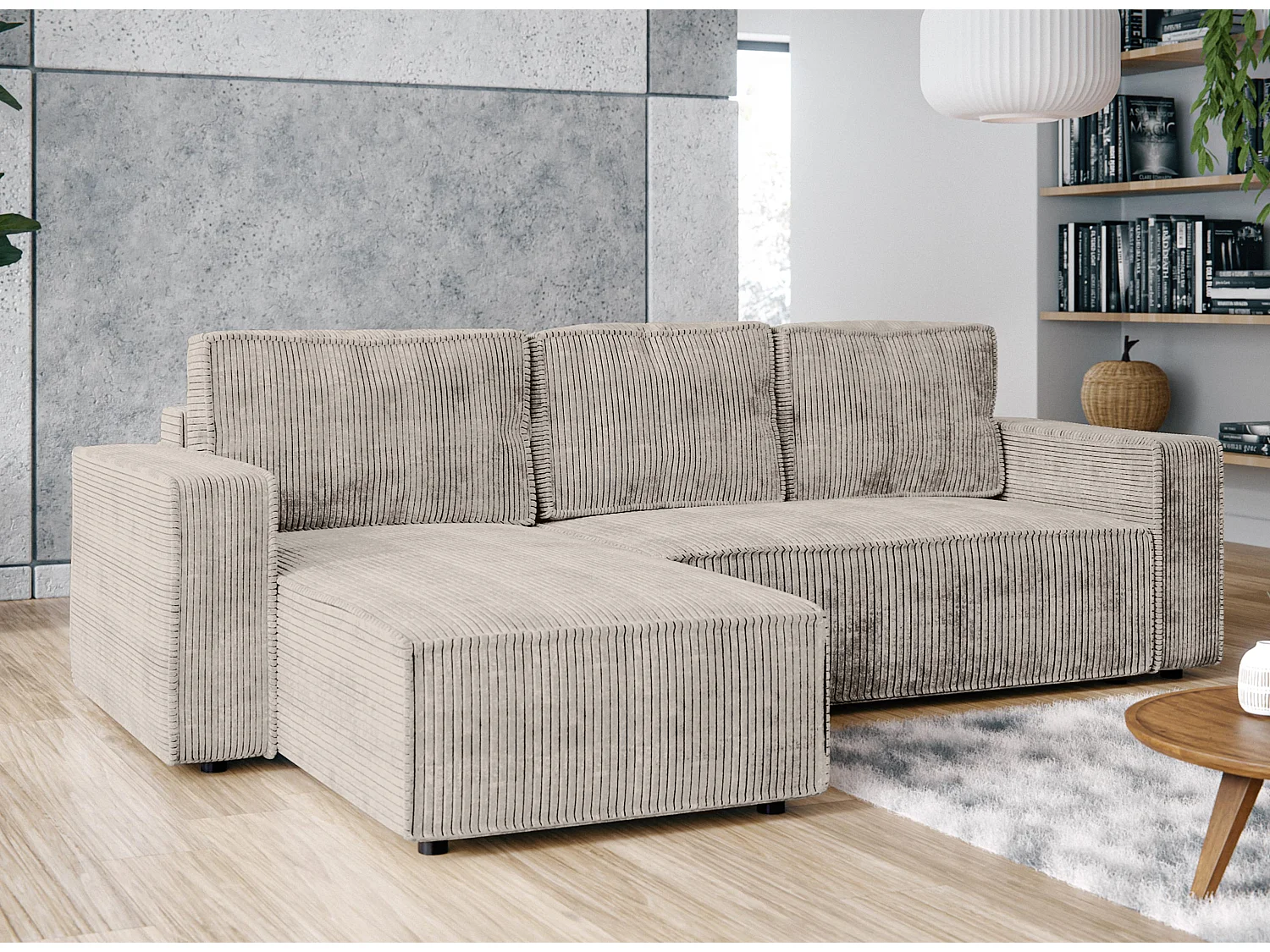AX LIVING Canapé d’angle Aydin velours côtelé beige convertible
