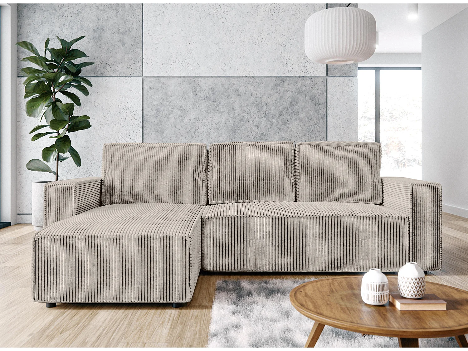 AX LIVING Canapé d’angle Aydin velours côtelé beige convertible