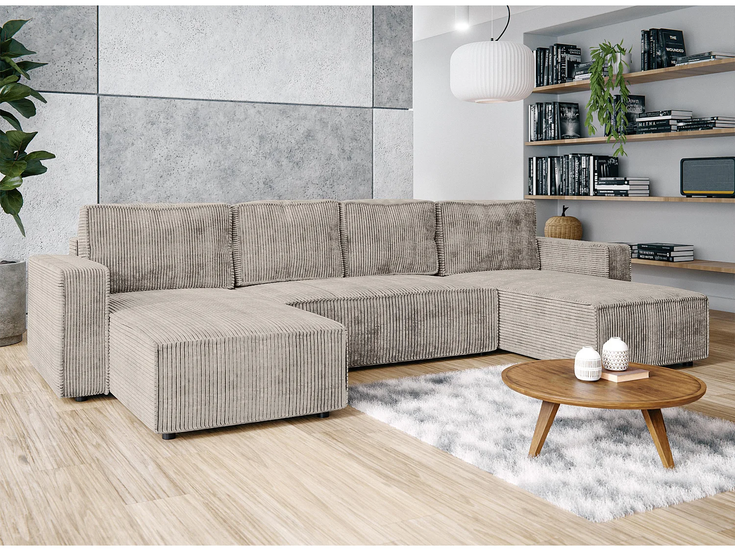 AX LIVING Canapé panoramique en U Aydin velours côtelé beige convertible