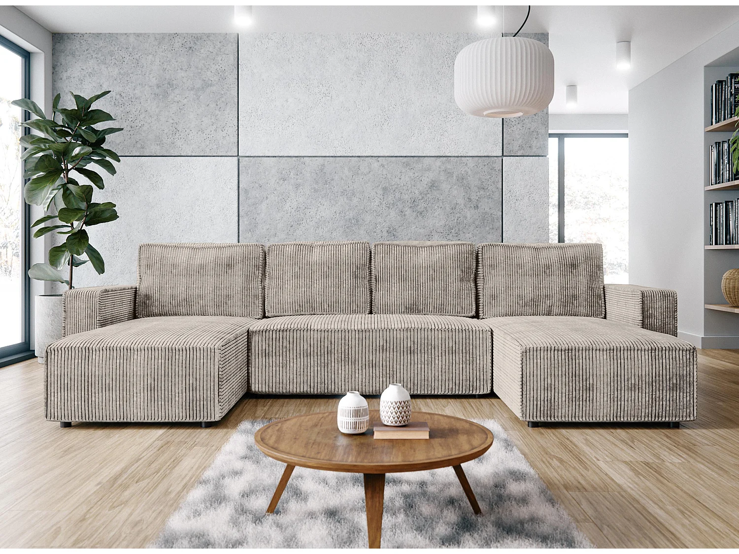 AX LIVING Canapé panoramique en U Aydin velours côtelé beige convertible