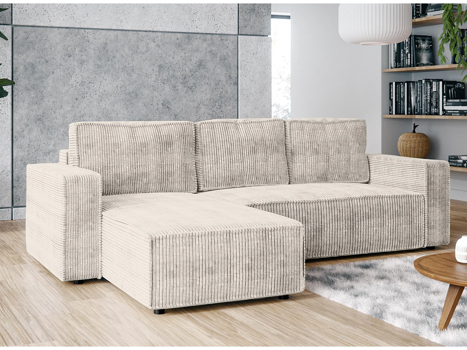 AX LIVING Canapé d’angle Aydin velours côtelé crème convertible