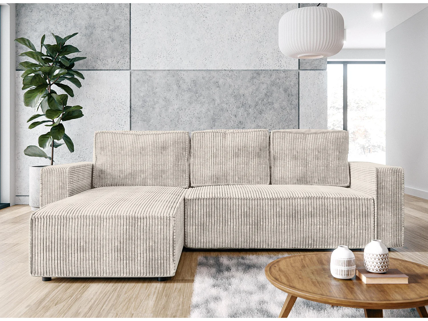 AX LIVING Canapé d’angle Aydin velours côtelé crème convertible