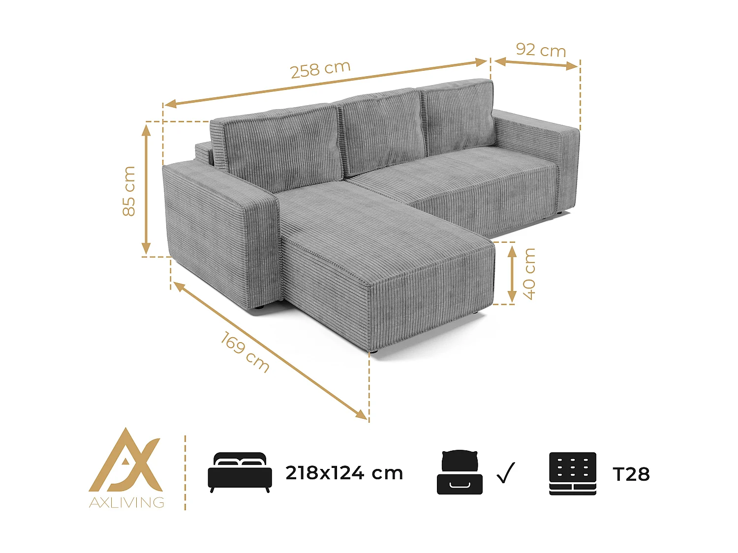 AX LIVING Canapé d’angle Aydin velours côtelé crème convertible