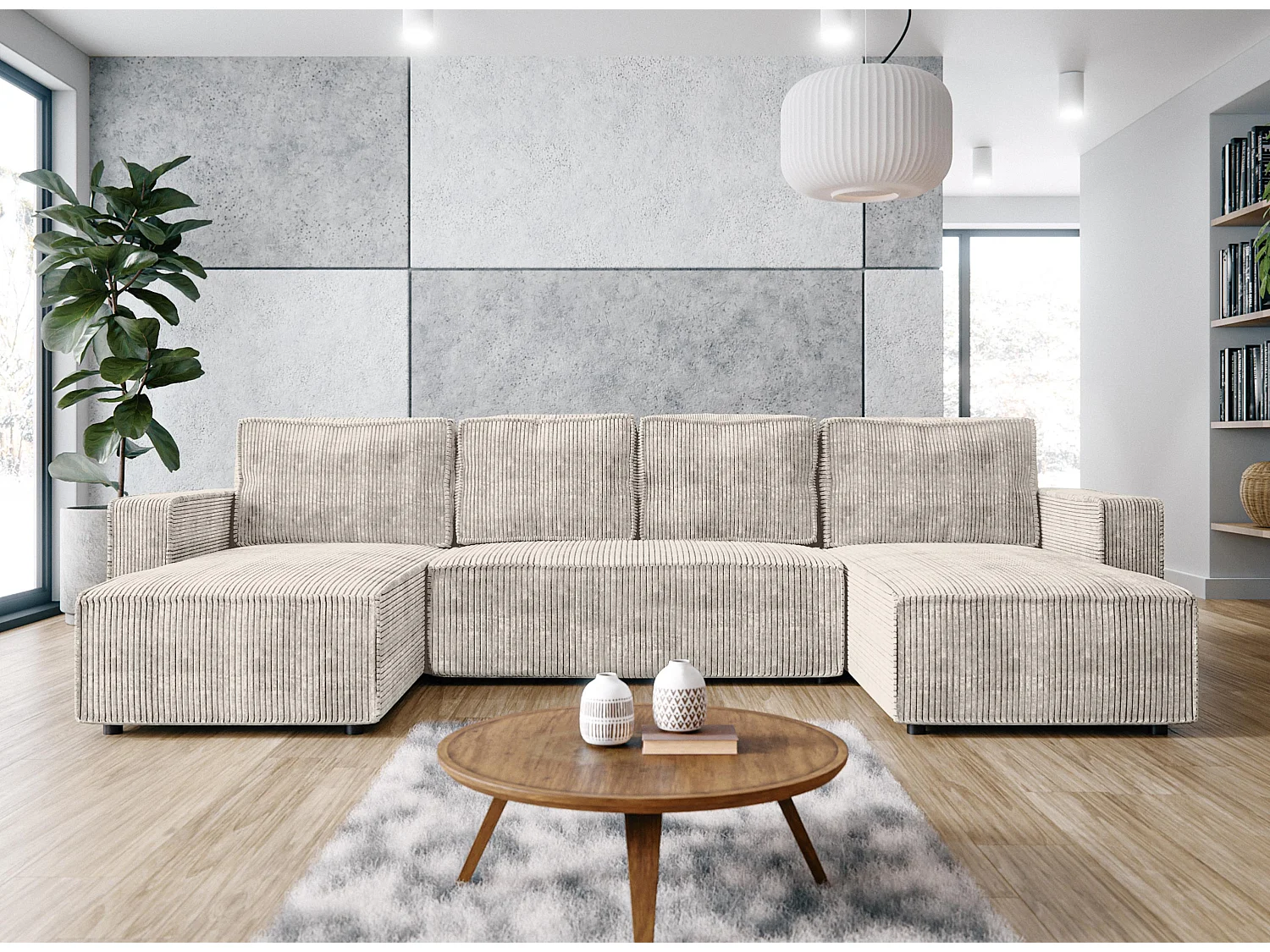 AX LIVING Canapé panoramique en U Aydin velours côtelé crème convertible