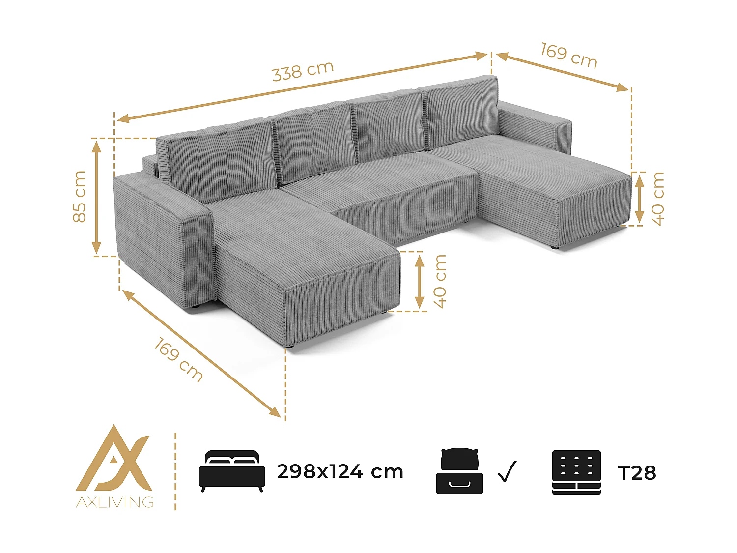 AX LIVING Canapé panoramique en U Aydin velours côtelé crème convertible