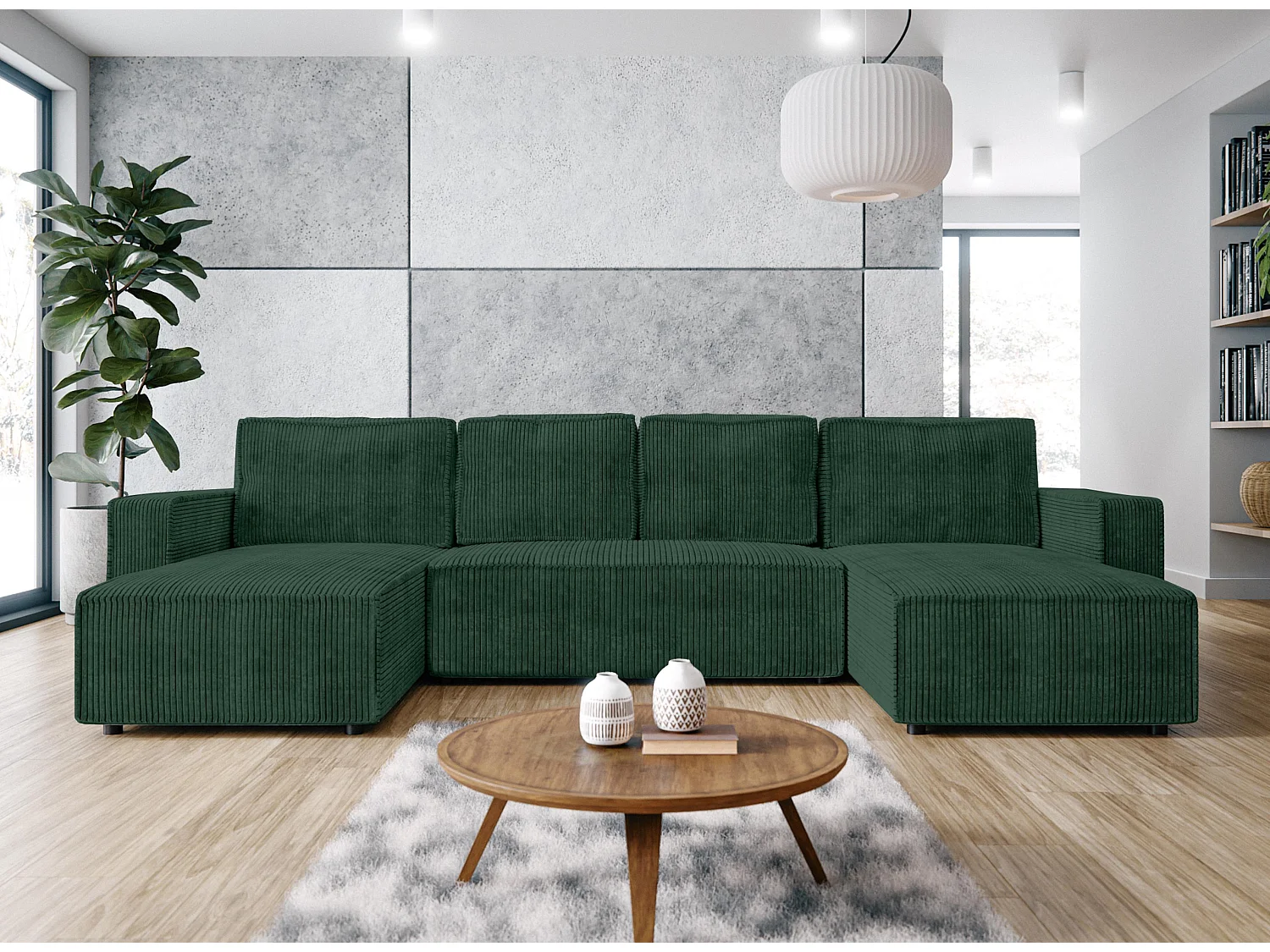 AX LIVING Canapé panoramique en U Aydin velours côtelé vert convertible