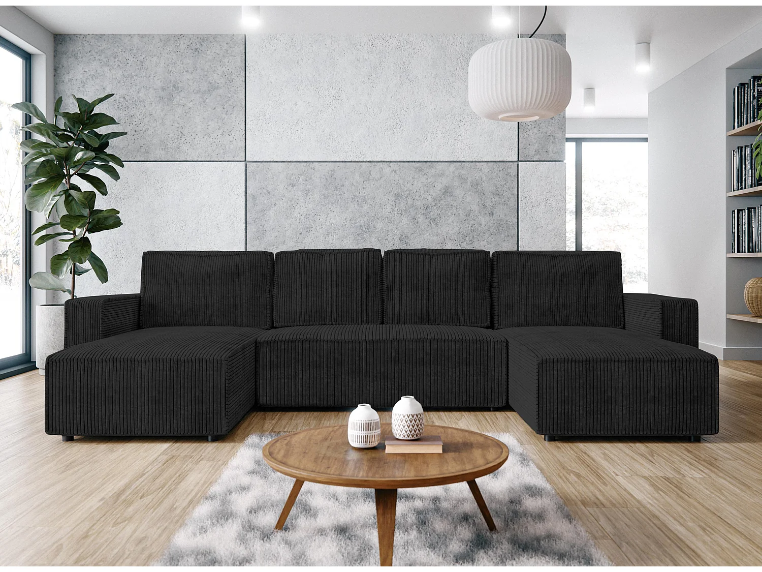 AX LIVING Canapé panoramique en U Aydin velours côtelé gris foncé convertible