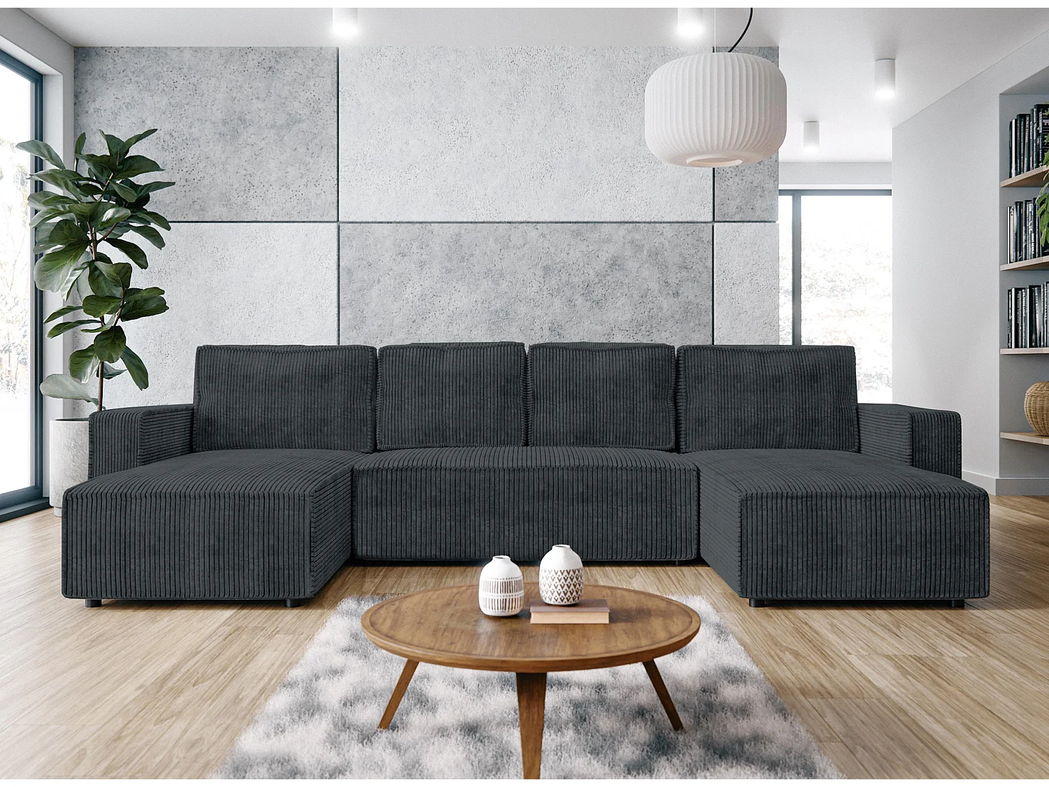 AX LIVING Canapé panoramique en U Aydin velours côtelé gris convertible