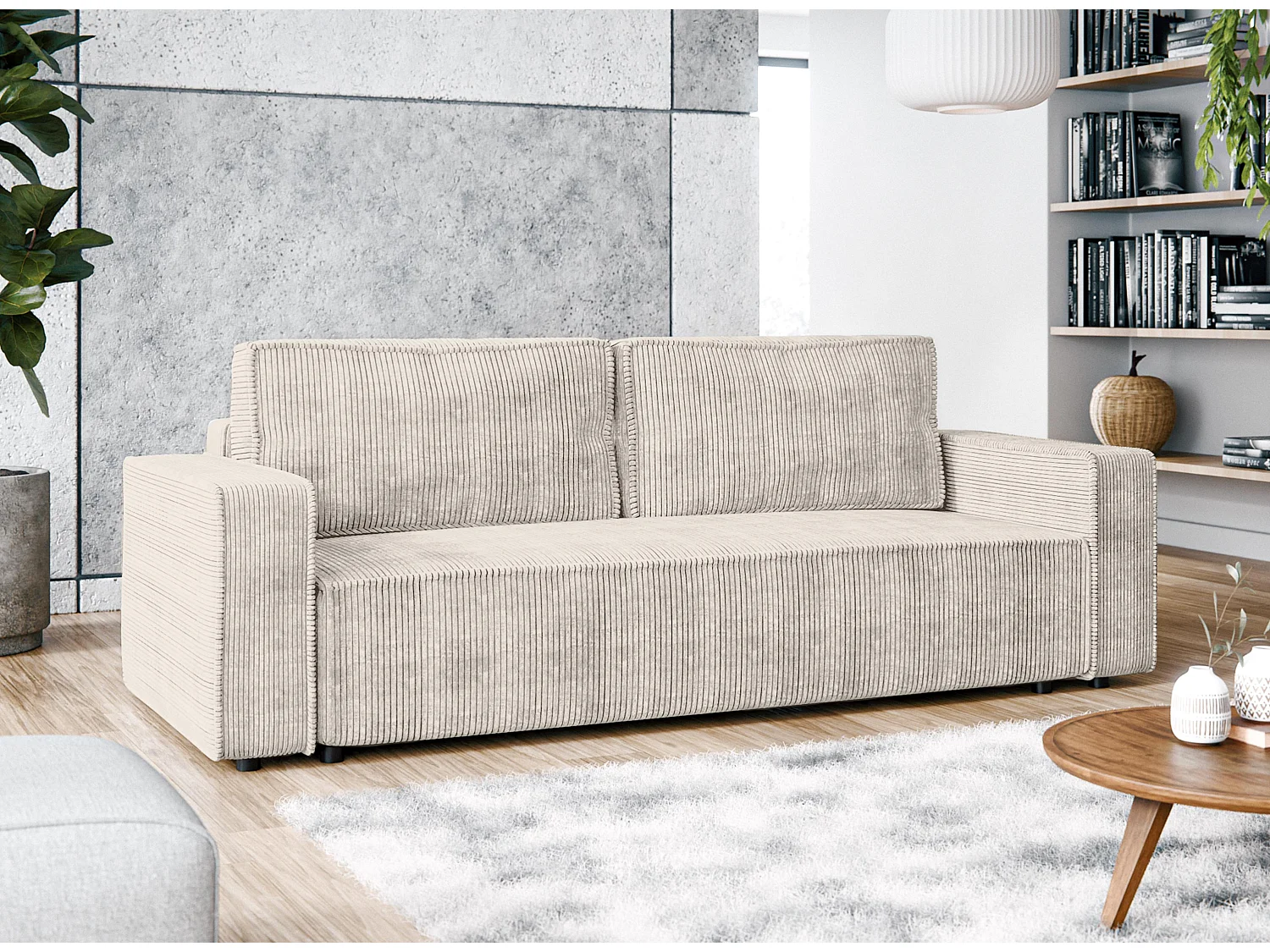 AX LIVING Canapé 3 places Aydin velours côtelé crème 238 cm convertible