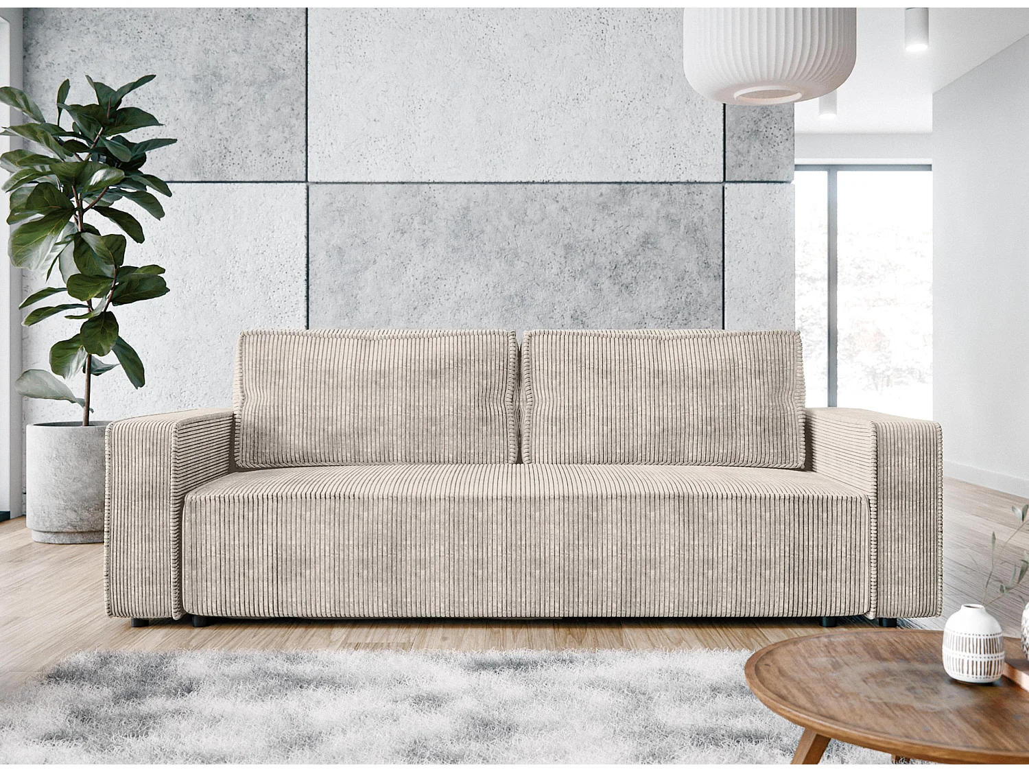 AX LIVING Canapé 3 places Aydin velours côtelé crème 238 cm convertible