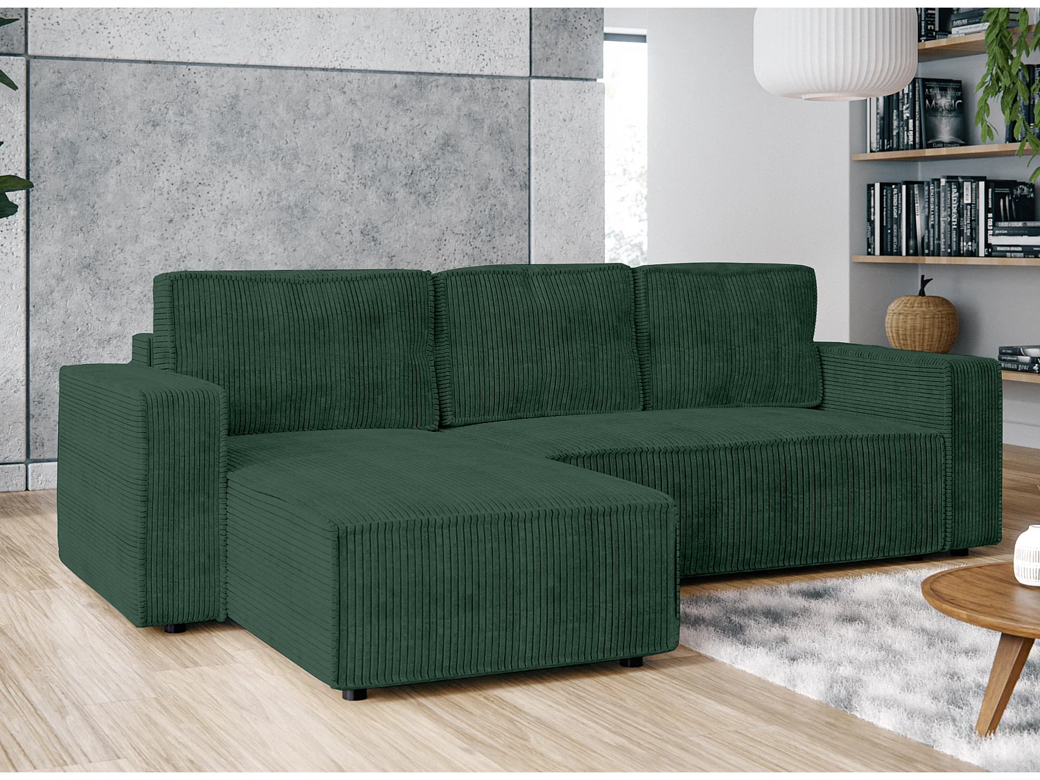 AX LIVING Canapé d’angle Aydin velours côtelé vert 258 cm convertible