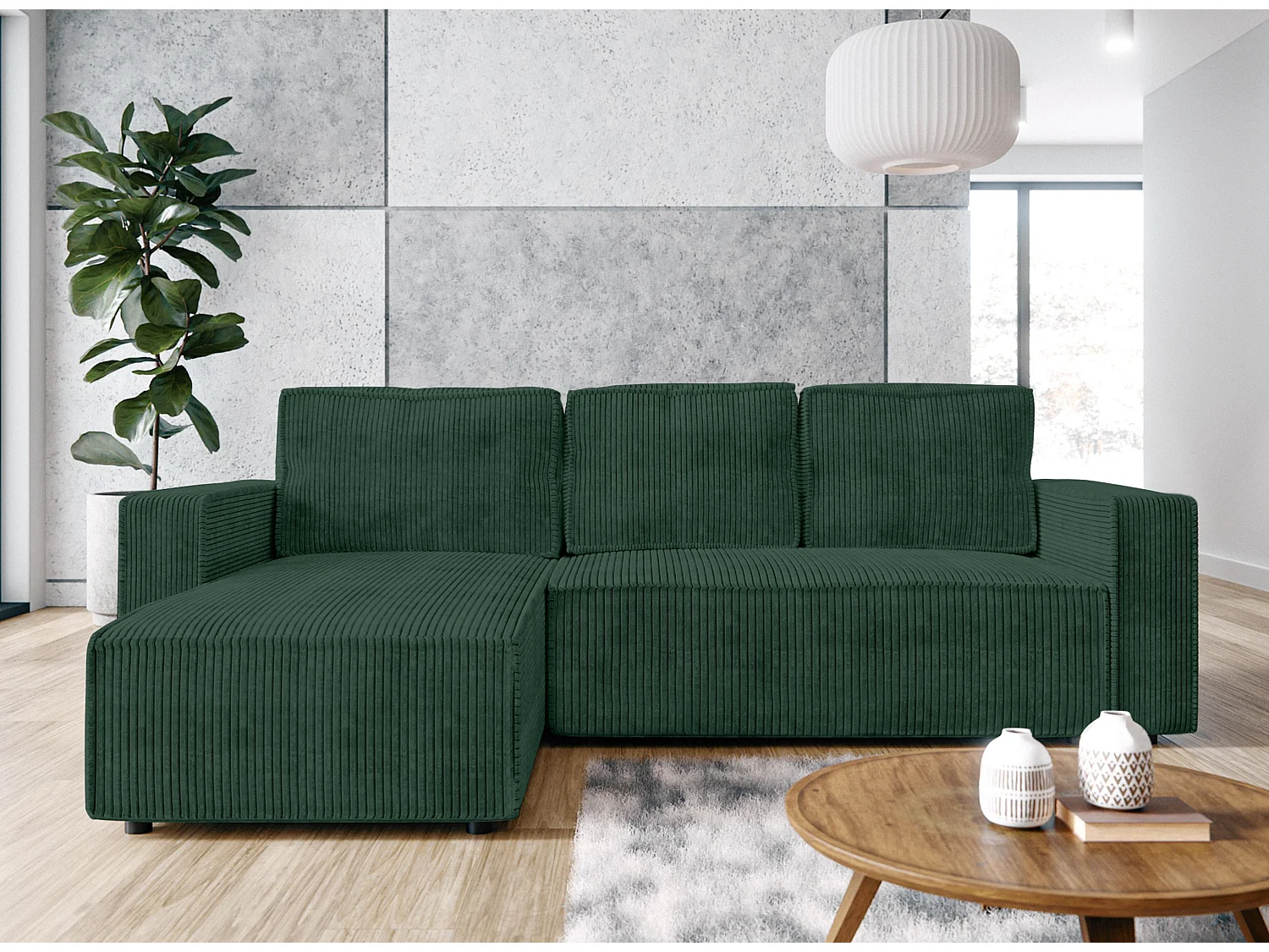 AX LIVING Canapé d’angle Aydin velours côtelé vert 258 cm convertible