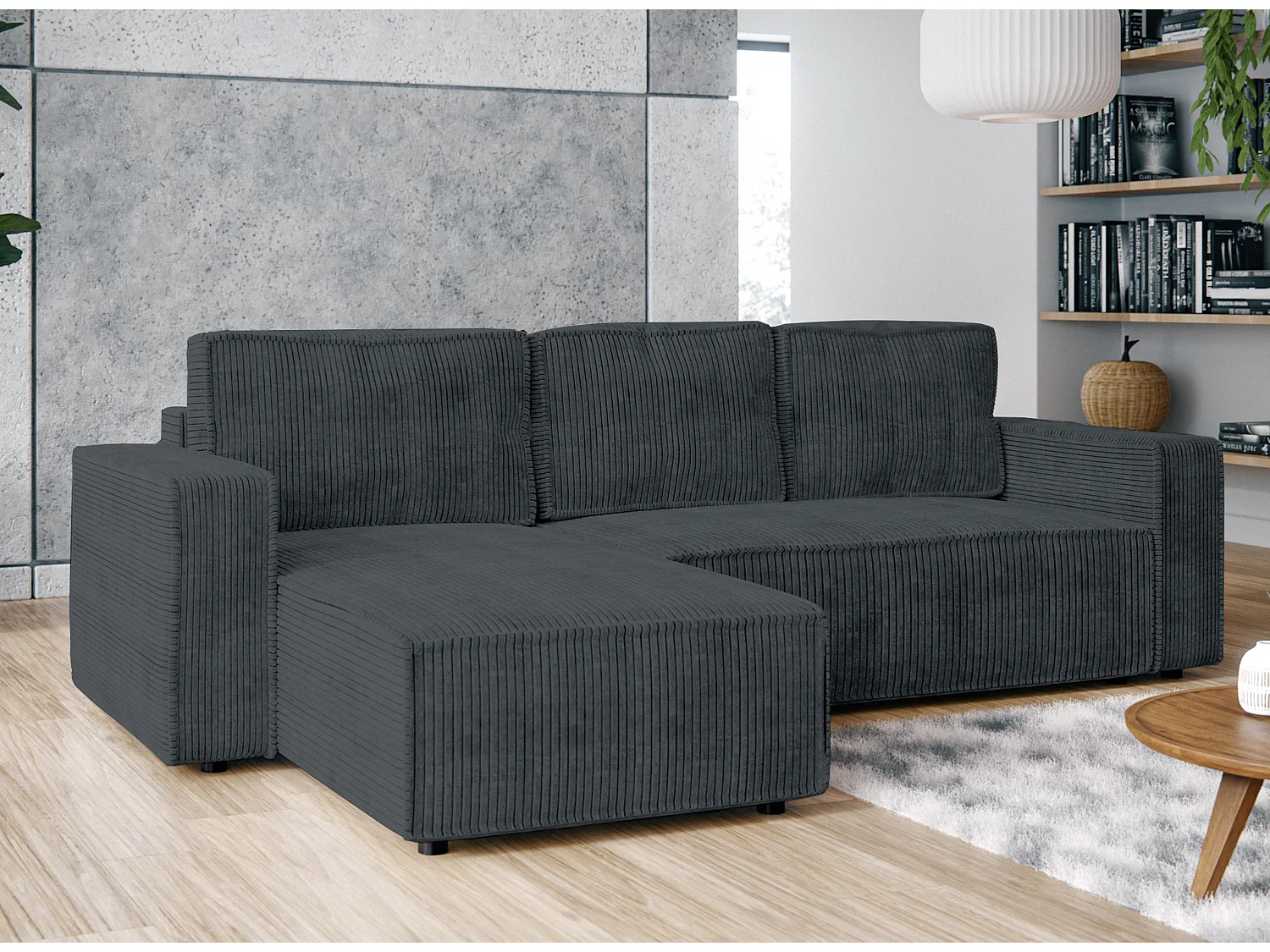 AX LIVING Canapé d’angle Aydin velours côtelé gris 258 cm convertible