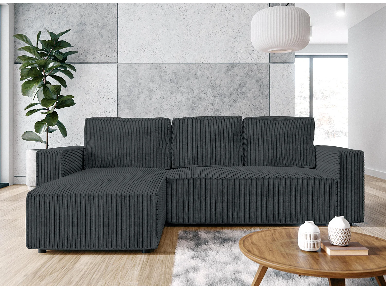 AX LIVING Canapé d’angle Aydin velours côtelé gris 258 cm convertible