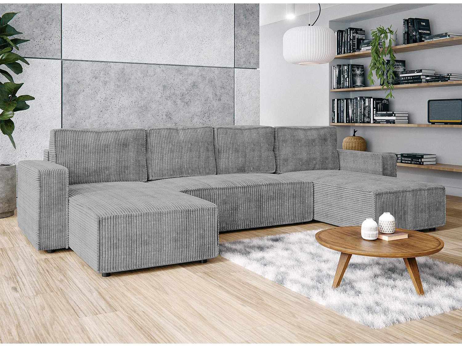 AX LIVING Canapé panoramique en U Aydin velours côtelé gris clair convertible
