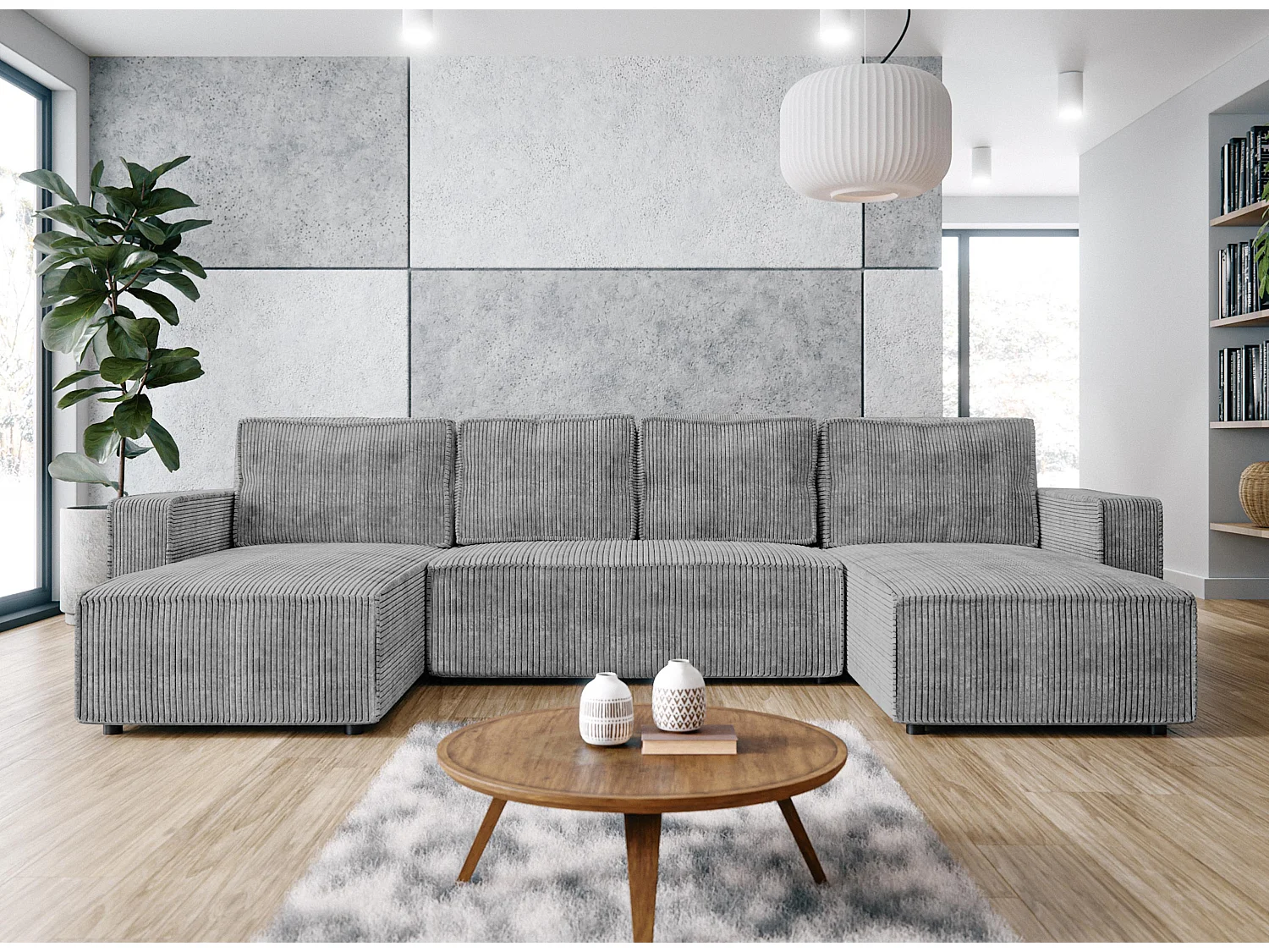 AX LIVING Canapé panoramique en U Aydin velours côtelé gris clair convertible