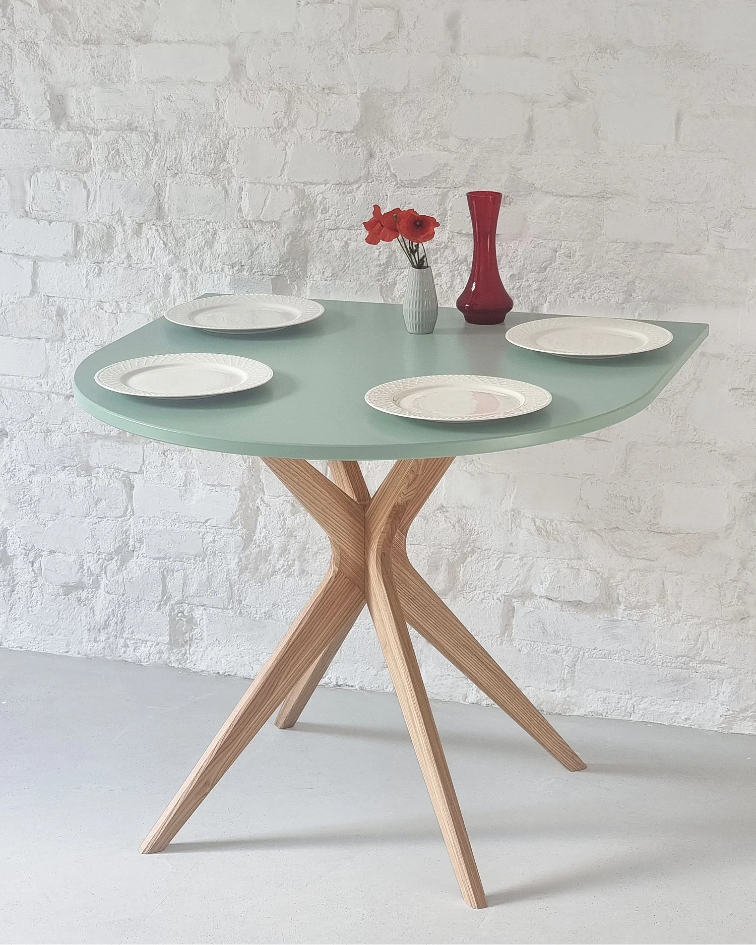 Table demi-ovale à manger 90x90 cm, 4 personnes, MDF Vert Sauge | frêne