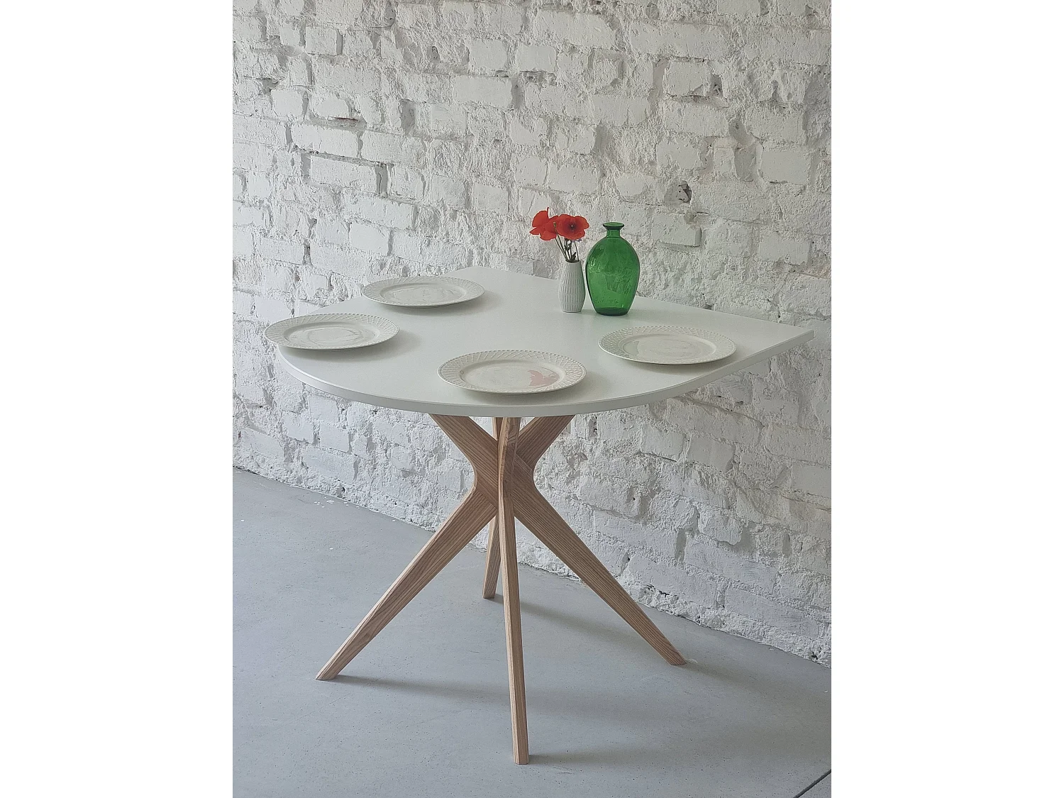 Table demi-ovale à manger 90x90 cm, 4 personnes, MDF Blanc | frêne